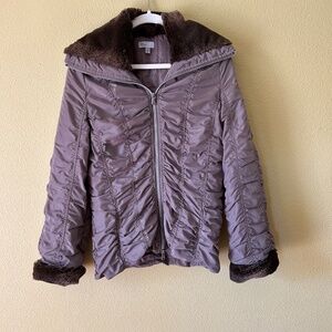 Linea Domani Ruched Zip Up Jacket‎ Women's Brown/Grey Faux Fur Size Small